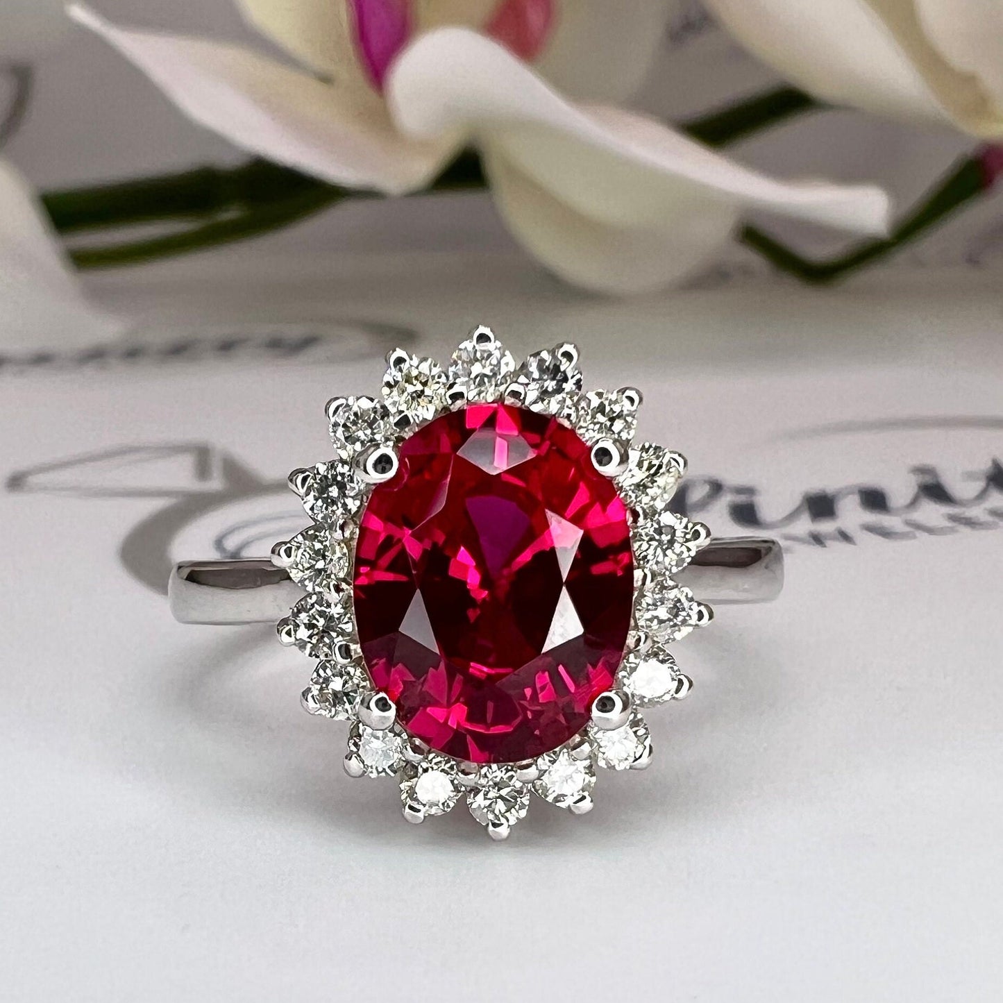Oval Cut Engagement Ring / Red Ruby Ring / Diamond Halo Ring / Moissanite Halo Ring / 14k Yellow Gold / #6344