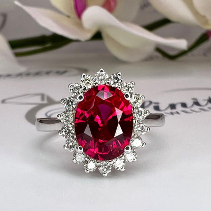 Oval Cut Engagement Ring / Red Ruby Ring / Diamond Halo Ring / Moissanite Halo Ring / 14k Yellow Gold / #6344