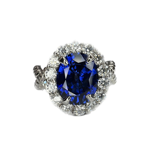 Oval blue sapphire engagement ring 14K gold, Infinity band white gold sapphire ring, September birthstone ring, Moissanite halo ring,  #7817