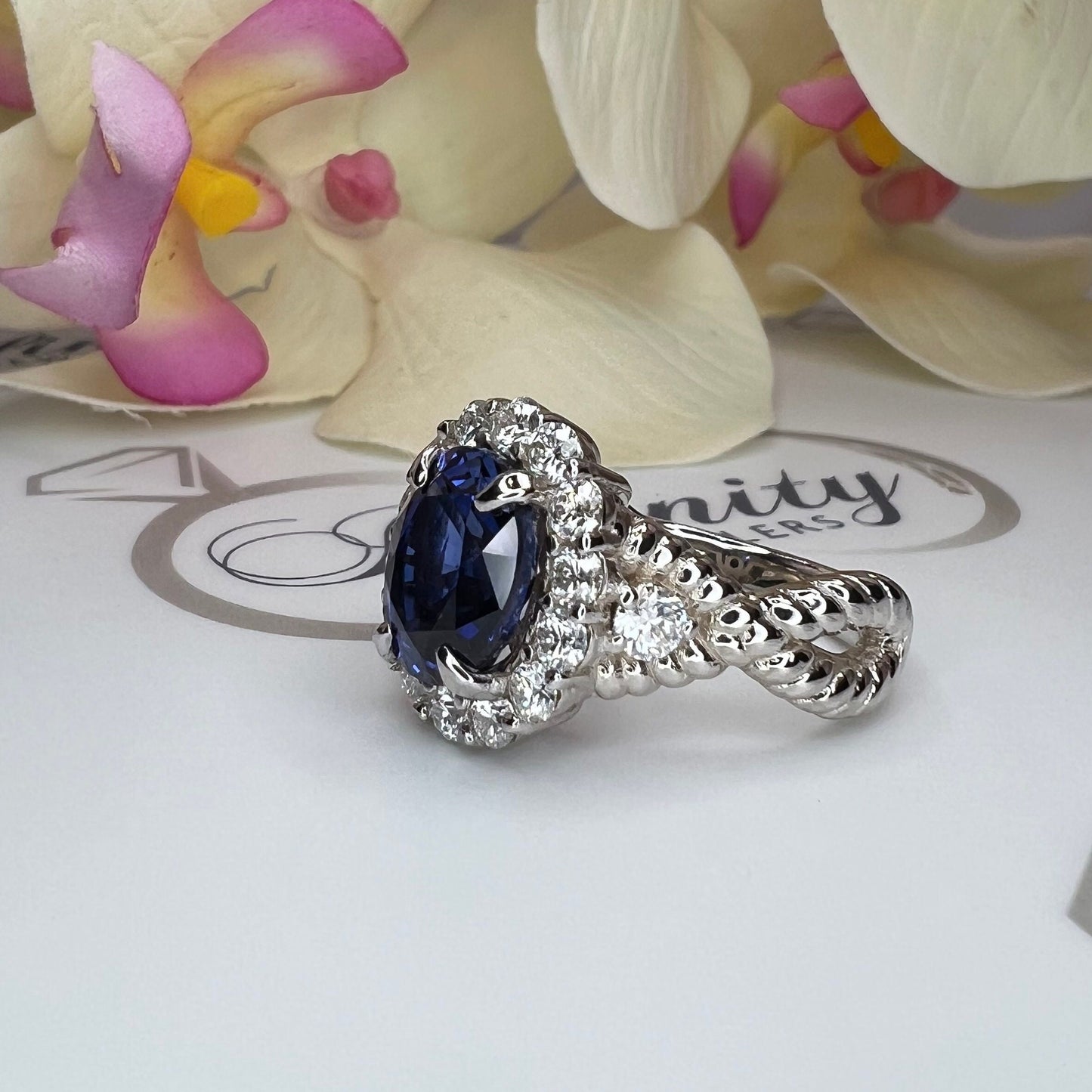 Oval blue sapphire engagement ring 14K gold, Infinity band white gold sapphire ring, September birthstone ring, Moissanite halo ring,  #7817