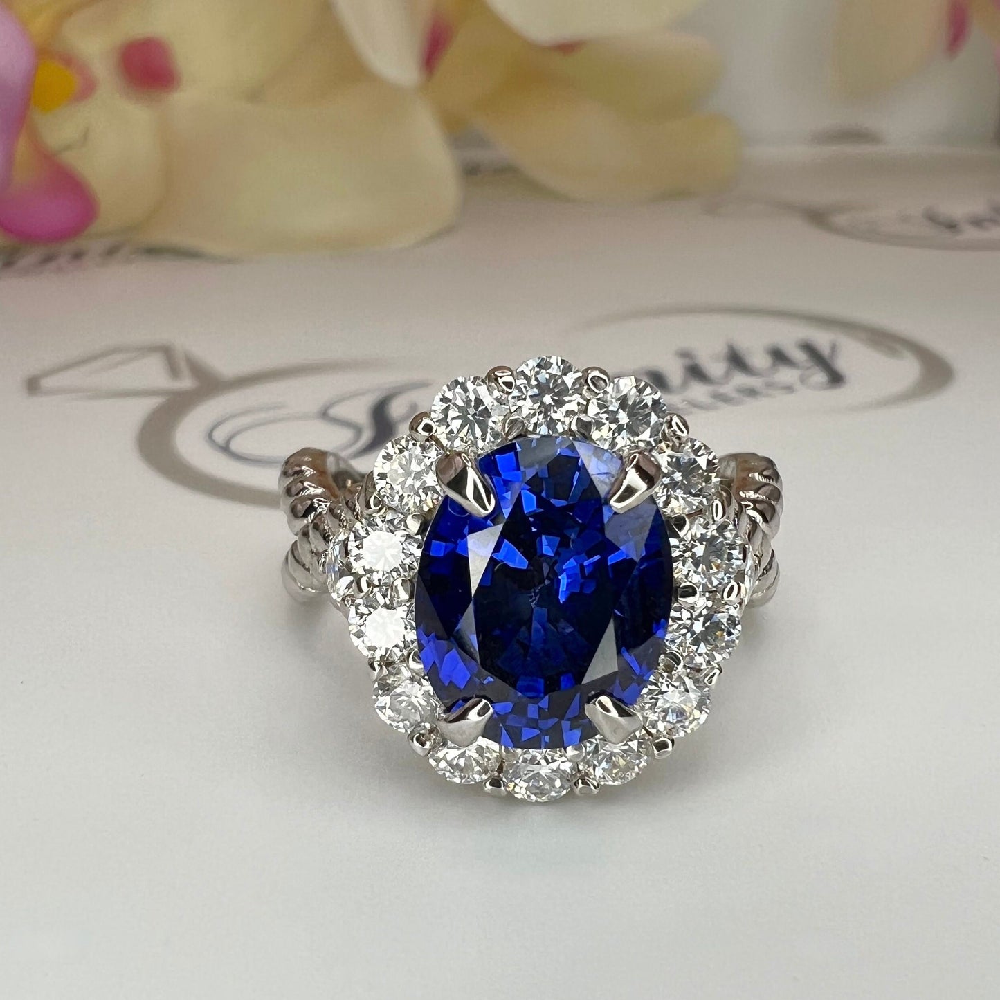 Oval blue sapphire engagement ring 14K gold, Infinity band white gold sapphire ring, September birthstone ring, Moissanite halo ring,  #7817