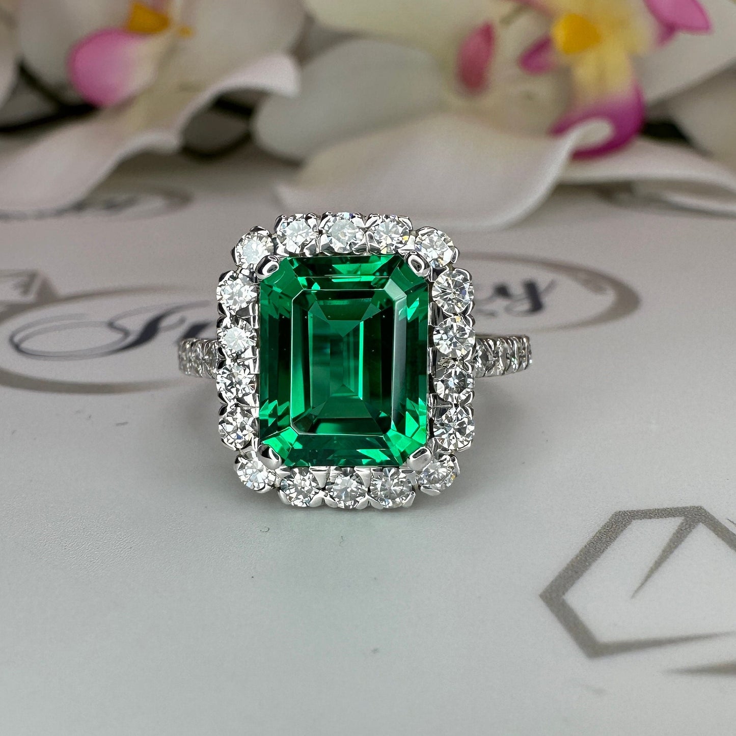 Emerald cut emerald with moissanite halo engagement ring 14k solid gold, unique vintage green emerald ring, May birthstone ring ladies #6081