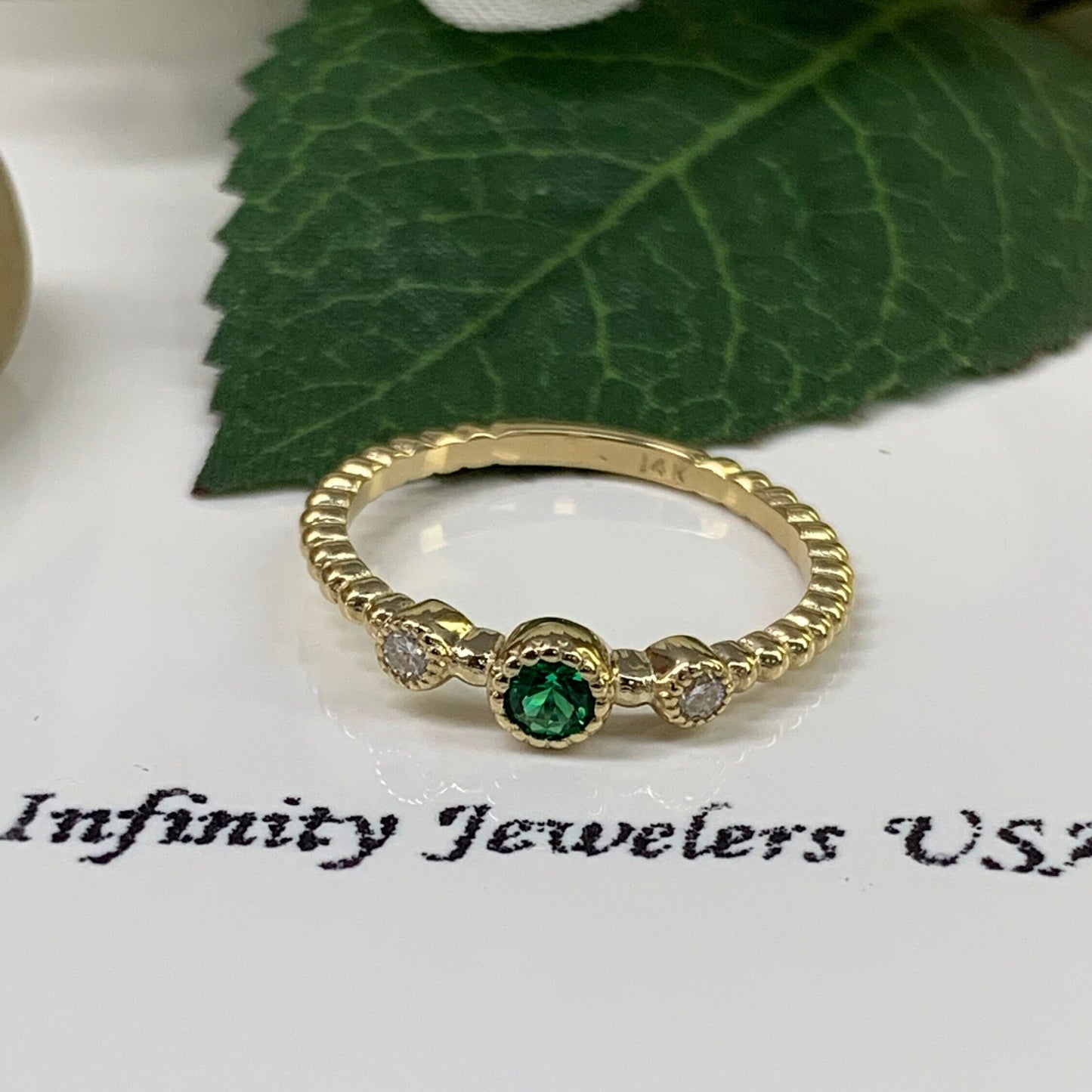 Stacking mothers ring 14k solid gold minimalist dainty emerald ring, thin emerald stacking rings, May birthstone Mother and child ring #6140