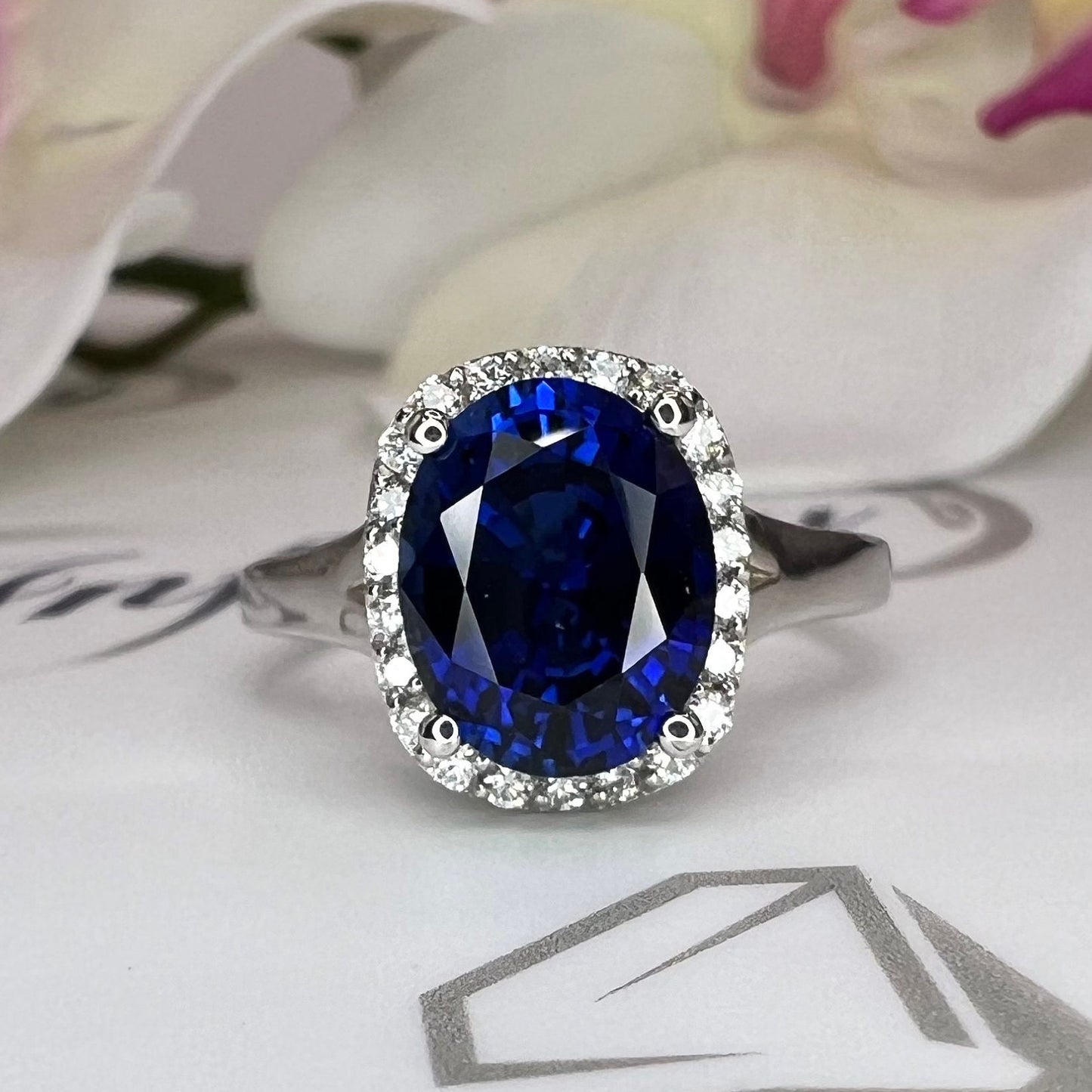 Oval Blue Sapphire Engagement Ring, Diamond Halo Ring, Sapphire And Diamond Ring, 14k White Gold / #5483