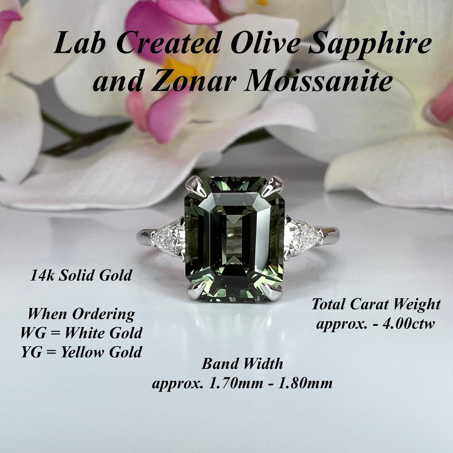 Emerald Cut Olive Green Sapphire Engagement Ring 14K White Gold Unique Vintage Olive Green Sapphire Engagement Ring Green Sapphire Ring 7245