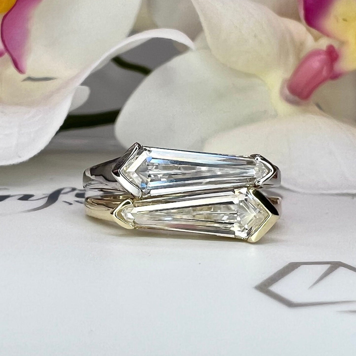 Elongated Kite Shape Unique Moissanite Ring Yellow Gold Dainty Stacking Moissanite Ring  Women Unique Kite Shape Sideways Dainty Ring  #7418