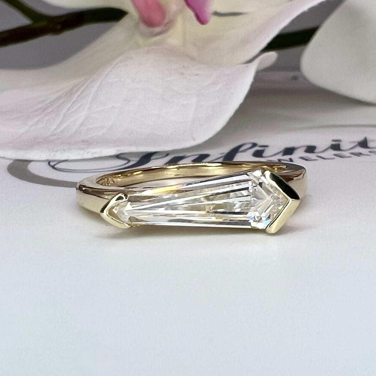 Elongated Kite Shape Unique Moissanite Ring Yellow Gold Dainty Stacking Moissanite Ring  Women Unique Kite Shape Sideways Dainty Ring  #7418