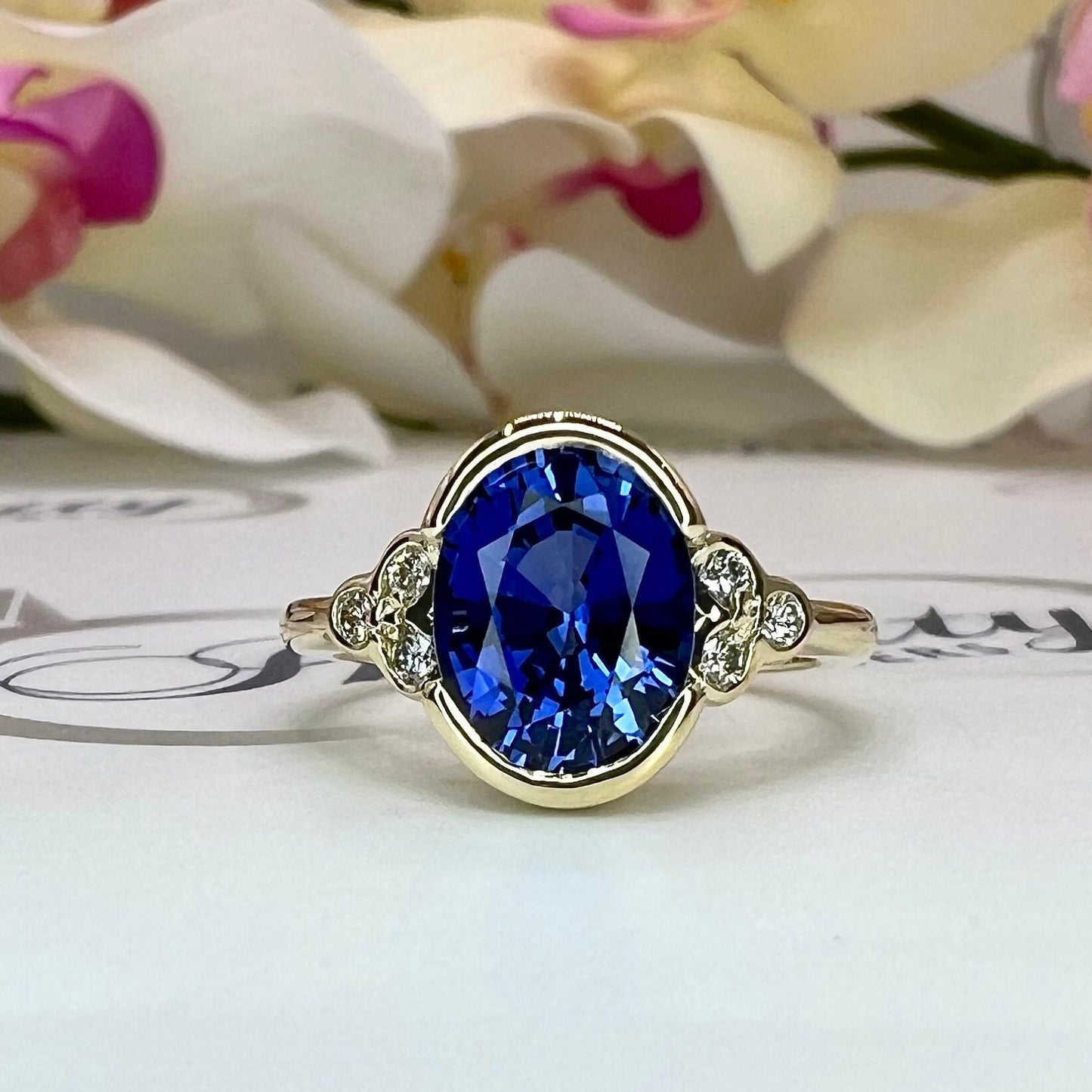 Oval  blue sapphire with round diamond accents engagement ring, 2.20ctw, 14k white gold #6069