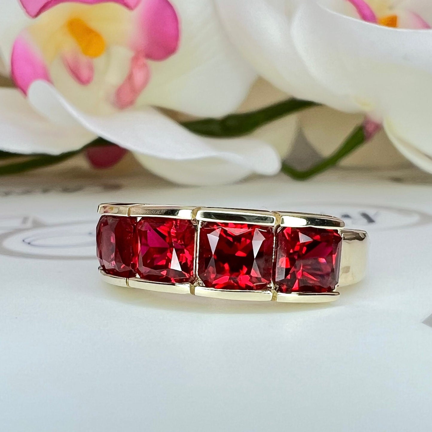 Ruby wedding band 14k solid gold radiant cut ruby stacking anniversary band July birthstone simple women's wedding, half eternity band #7859