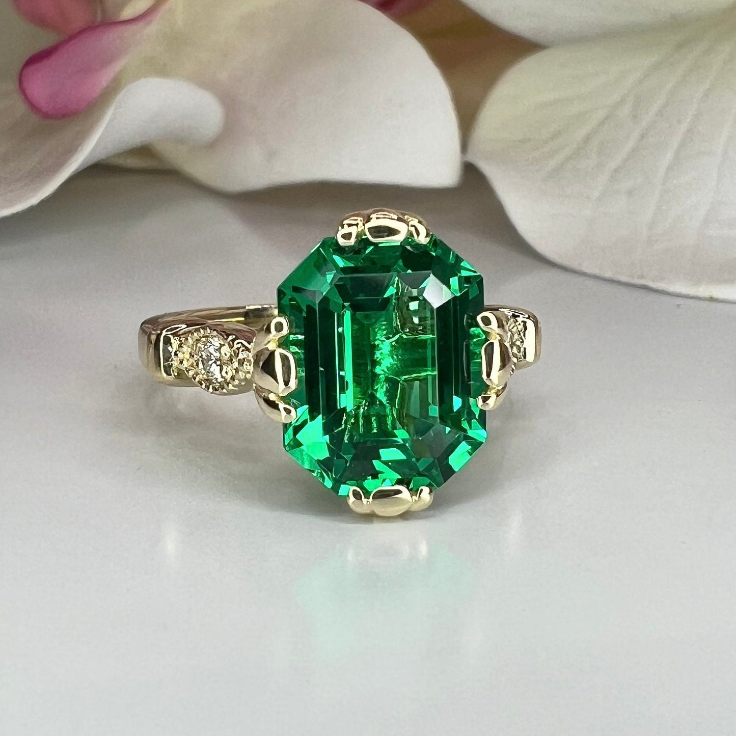 Emerald cut emerald with natural diamonds vintage style engagement ring, 3.50ctw, 14k yellow gold #5995