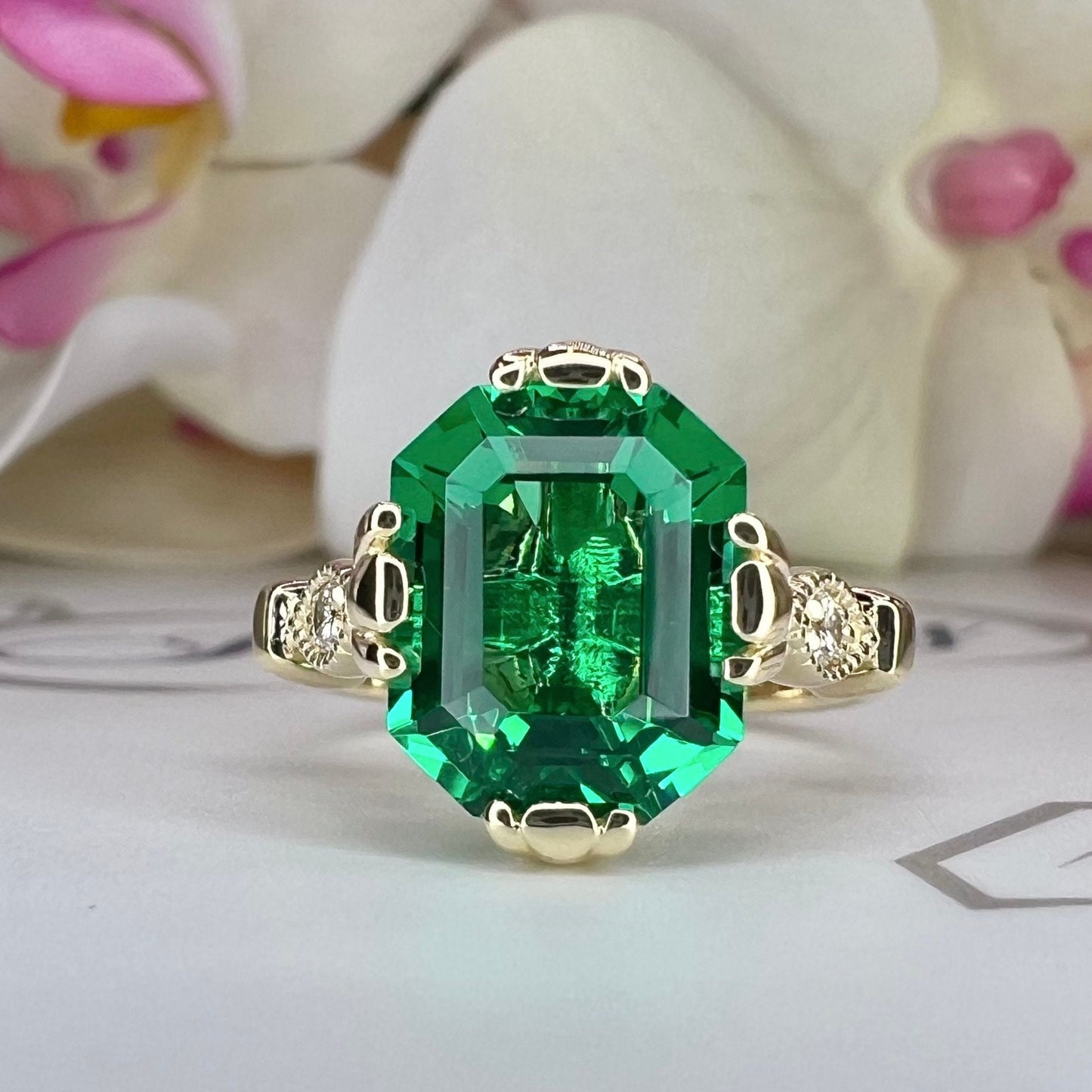 Emerald cut emerald with natural diamonds vintage style engagement ring, 3.50ctw, 14k yellow gold #5995