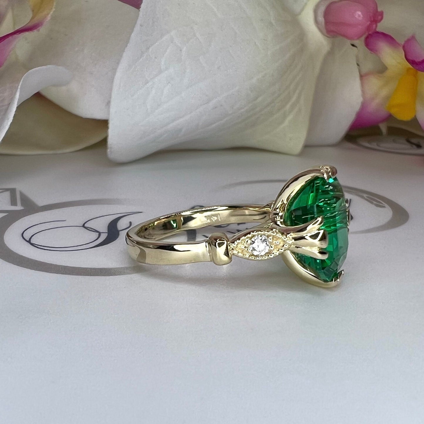 Emerald cut emerald with natural diamonds vintage style engagement ring, 3.50ctw, 14k yellow gold #5995