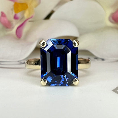 Emerald cut blue sapphire engagement ring yellow gold, Blue sapphire solitaire ring, September birthstone jewelry, Blue sapphire ring, #6132