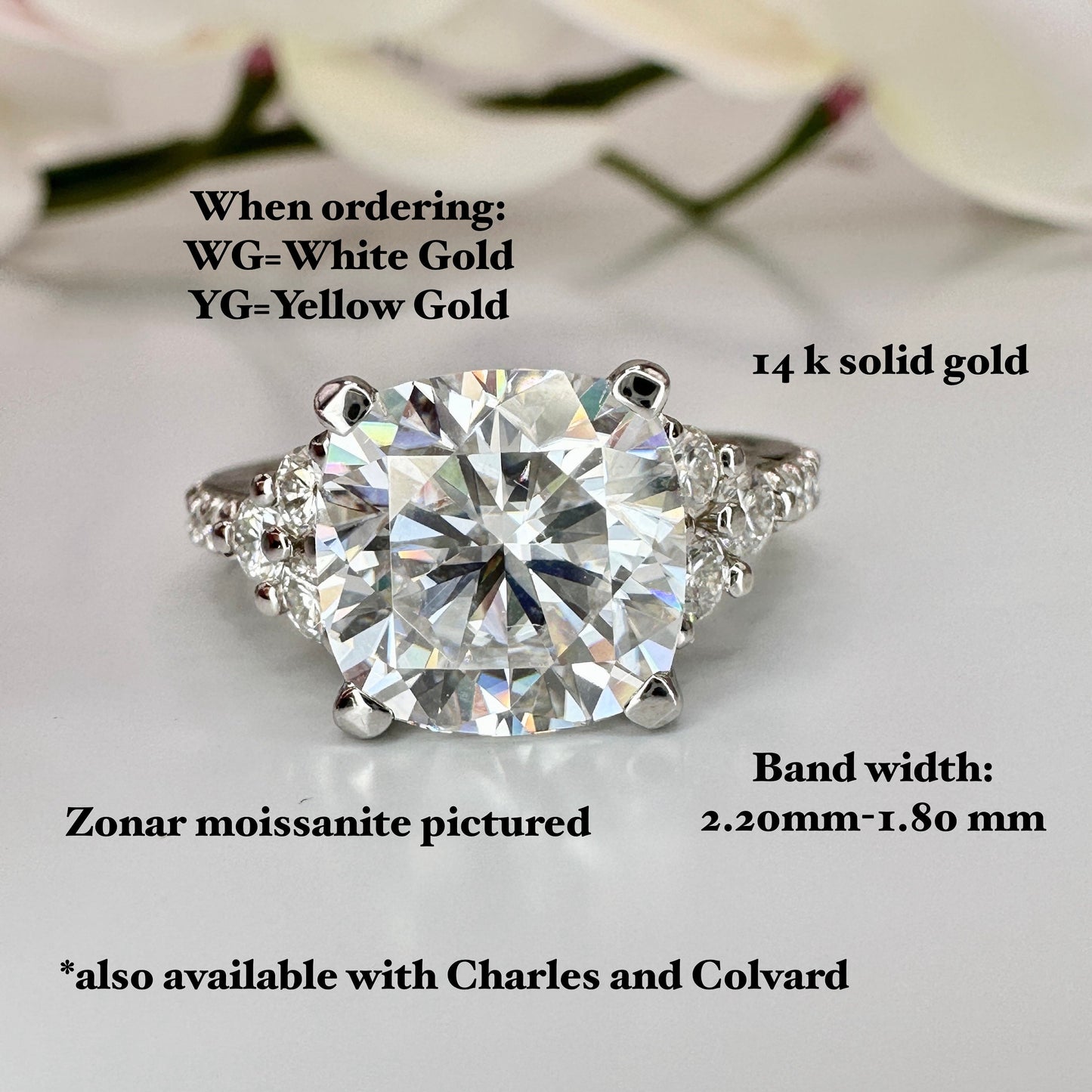 Cushion Cut Moissanite engagement ring 14K solid gold, Unique moissanite cluster wedding ring women, moissanite wedding solitaire ring #7021