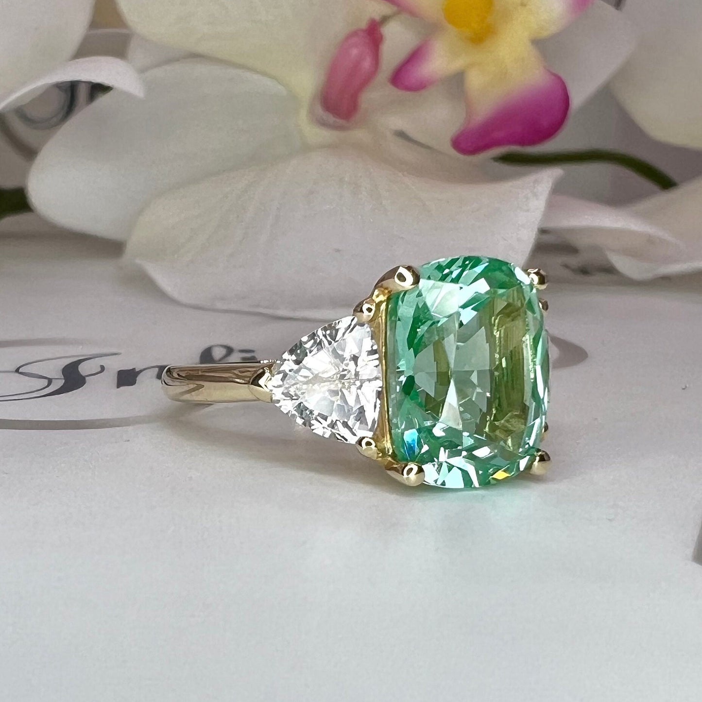 Moissanite And Paraiba Engagement Ring, Elongated Cushion Cut Green Paraiba And Trillion Moissanite Wedding Ring, 3 Stone Moissanite   #6846