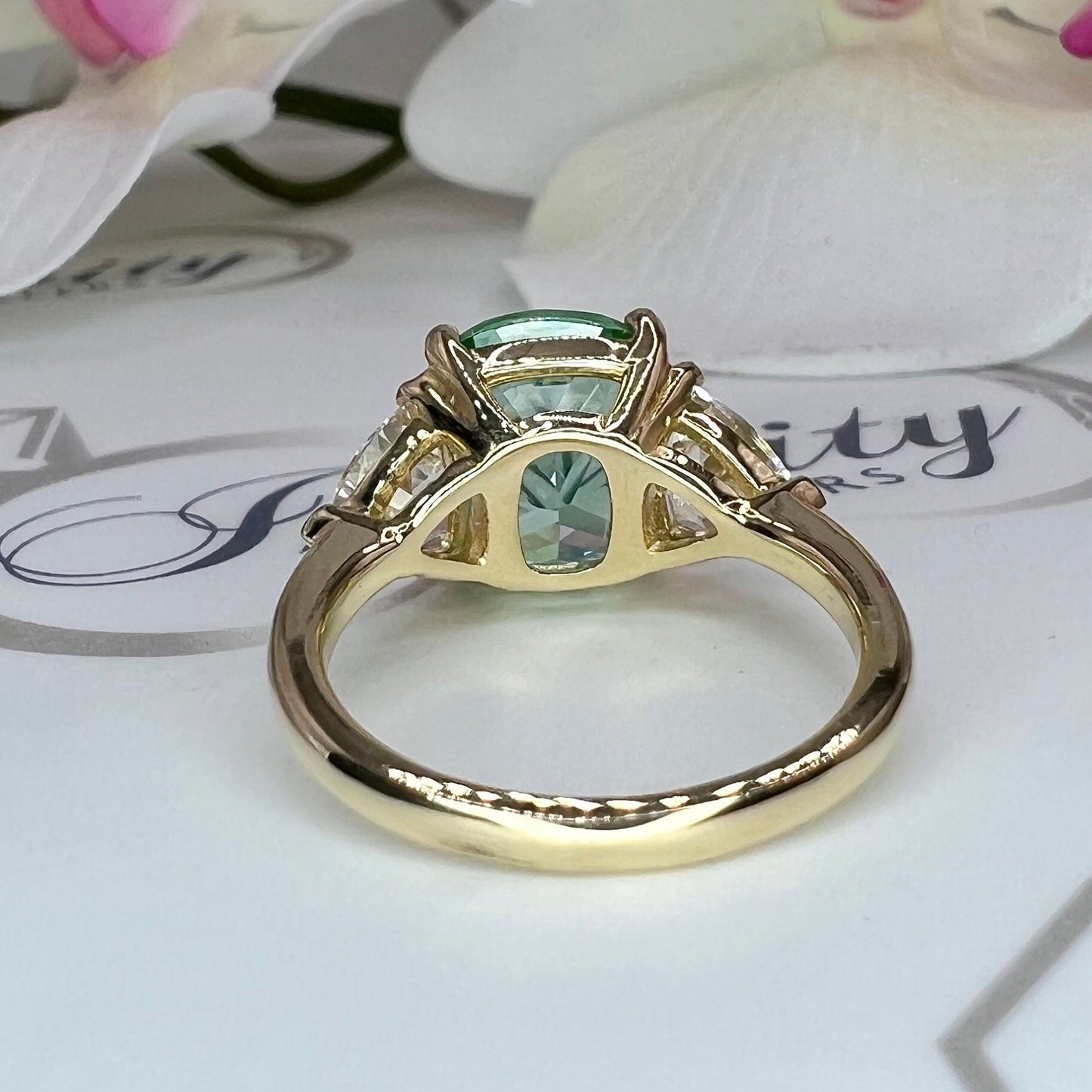Moissanite And Paraiba Engagement Ring, Elongated Cushion Cut Green Paraiba And Trillion Moissanite Wedding Ring, 3 Stone Moissanite   #6846