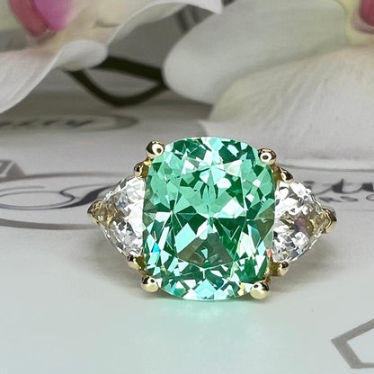 Moissanite And Paraiba Engagement Ring, Elongated Cushion Cut Green Paraiba And Trillion Moissanite Wedding Ring, 3 Stone Moissanite   #6846