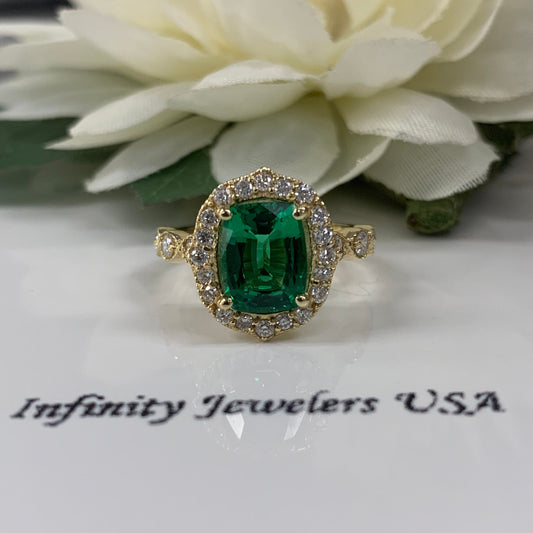 Cushion Cut Emerald And Diamond Halo Engagament Ring In 14K solid Yellow Gold Unique Vintage emerald promise anniversary wedding ring  #5229