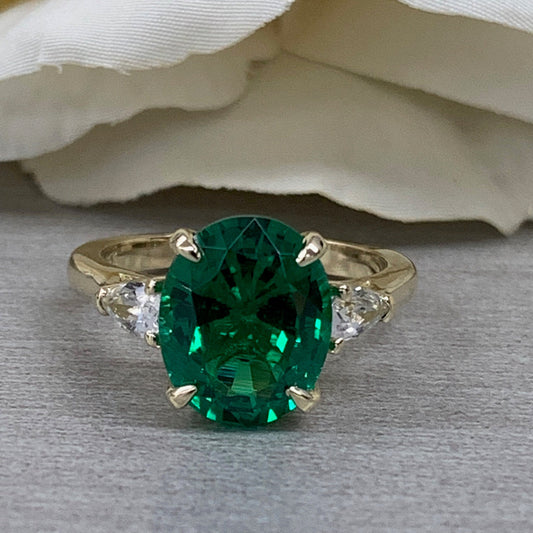 Oval Emerald Engagement Ring, Emerald Ladies Ring, White Sapphire Pear Wedding Ring, Moissanite Ring, 14K Yellow Gold Anniversary Ring