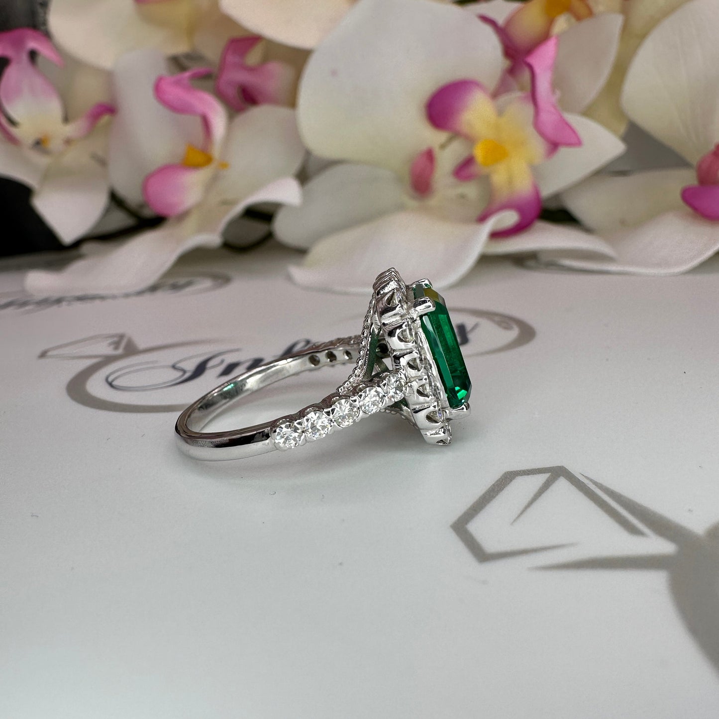 Emerald cut emerald with moissanite halo engagement ring 14k solid gold, unique vintage green emerald ring, May birthstone ring ladies #6081