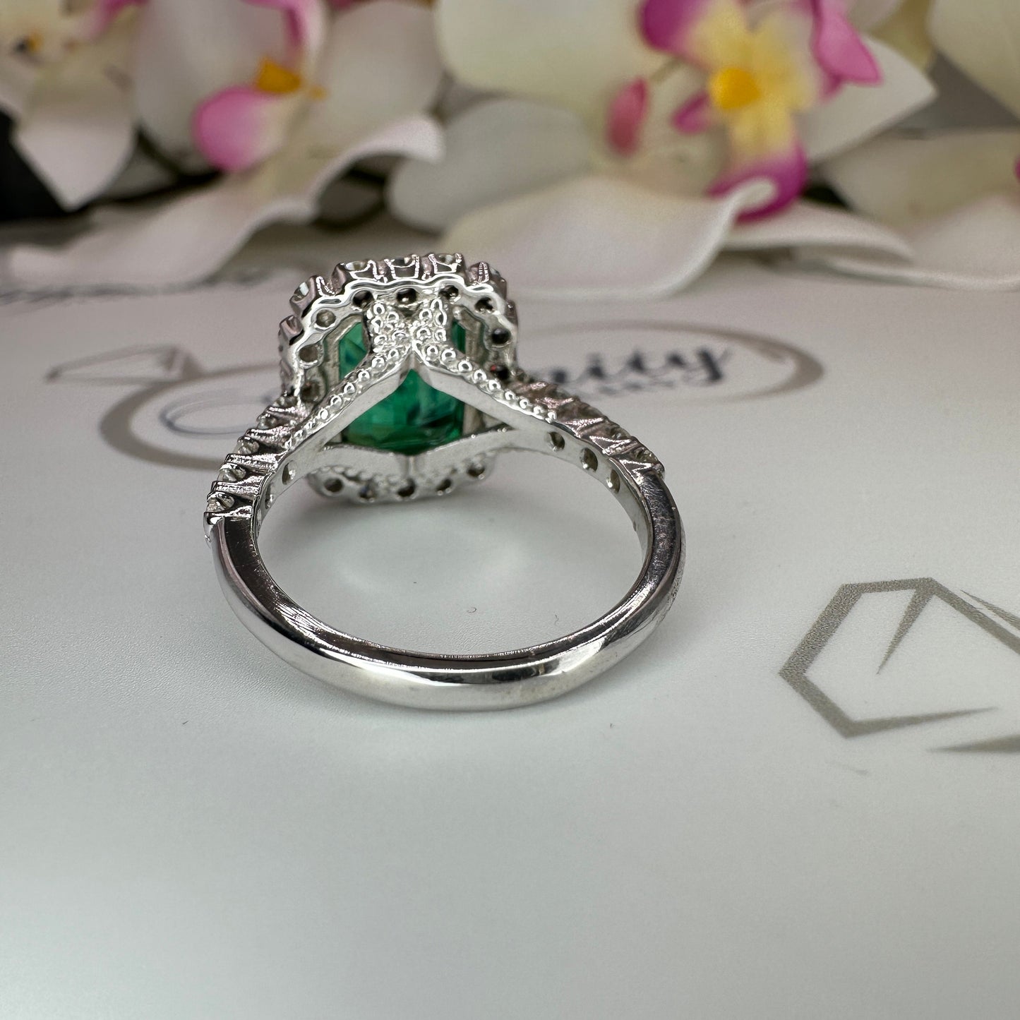 Emerald cut emerald with moissanite halo engagement ring 14k solid gold, unique vintage green emerald ring, May birthstone ring ladies #6081