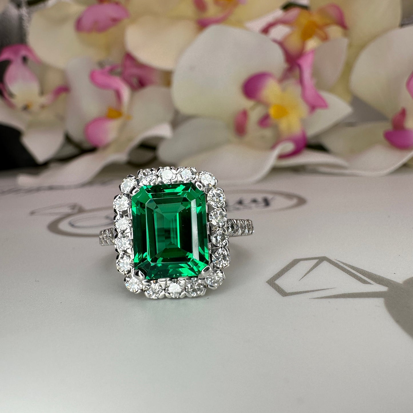 Emerald cut emerald with moissanite halo engagement ring 14k solid gold, unique vintage green emerald ring, May birthstone ring ladies #6081