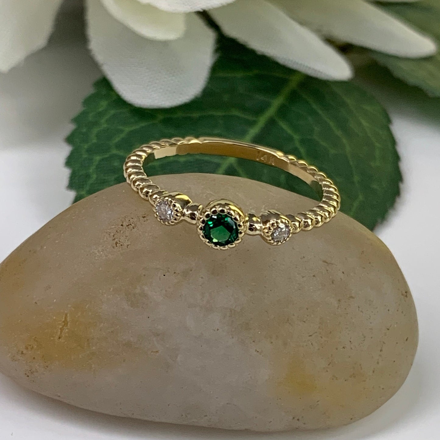 Stacking mothers ring 14k solid gold minimalist dainty emerald ring, thin emerald stacking rings, May birthstone Mother and child ring #6140