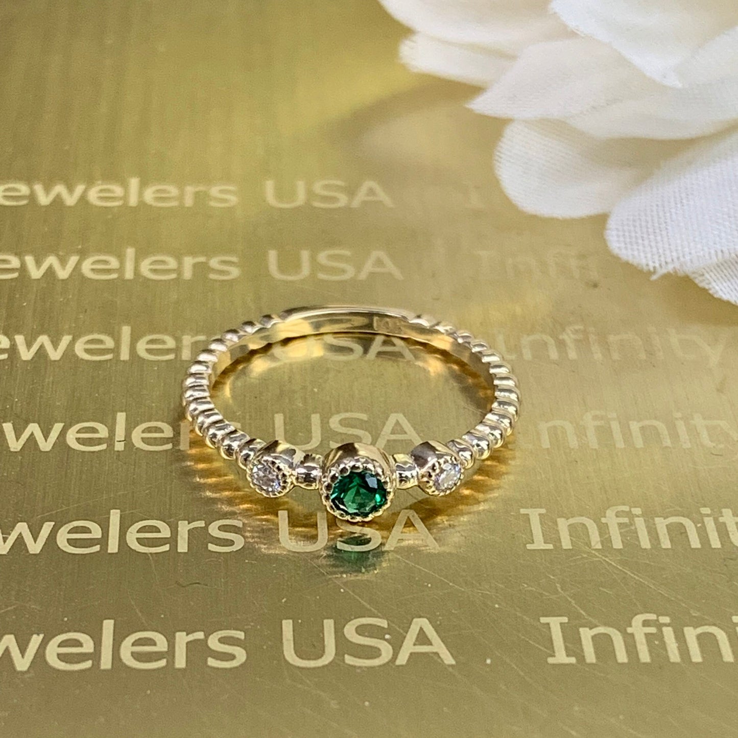 Stacking mothers ring 14k solid gold minimalist dainty emerald ring, thin emerald stacking rings, May birthstone Mother and child ring #6140