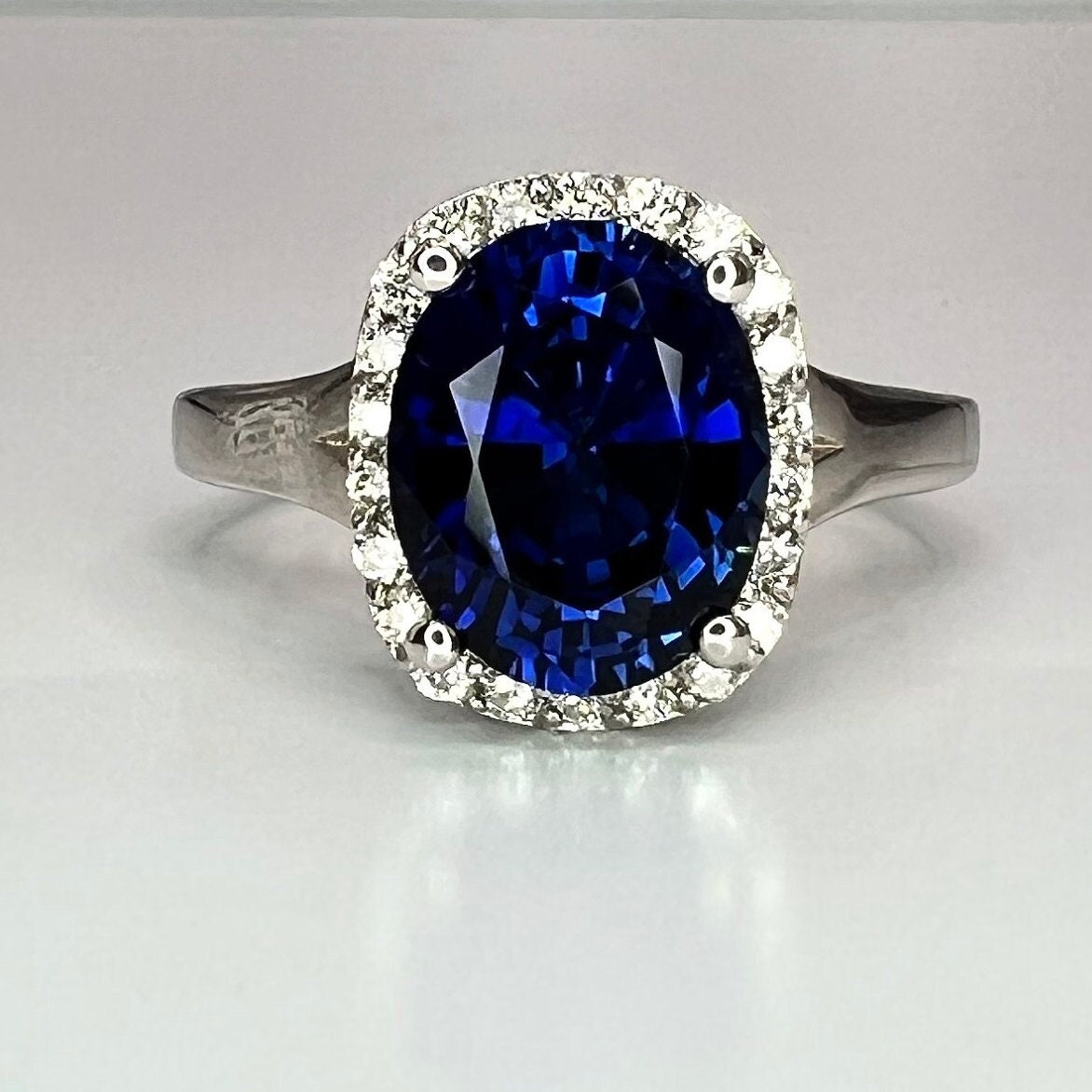Oval Blue Sapphire Engagement Ring, Diamond Halo Ring, Sapphire And Diamond Ring, 14k White Gold / #5483