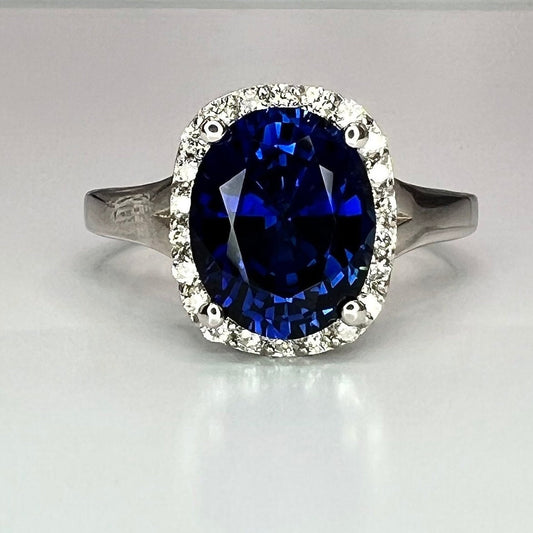 Oval Blue Sapphire Engagement Ring, Diamond Halo Ring, Sapphire And Diamond Ring, 14k White Gold / #5483