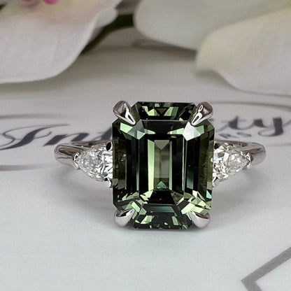 Emerald Cut Olive Green Sapphire Engagement Ring 14K White Gold Unique Vintage Olive Green Sapphire Engagement Ring Green Sapphire Ring 7245