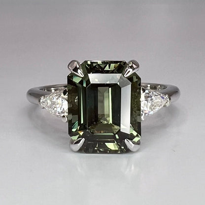 Emerald Cut Olive Green Sapphire Engagement Ring 14K White Gold Unique Vintage Olive Green Sapphire Engagement Ring Green Sapphire Ring 7245