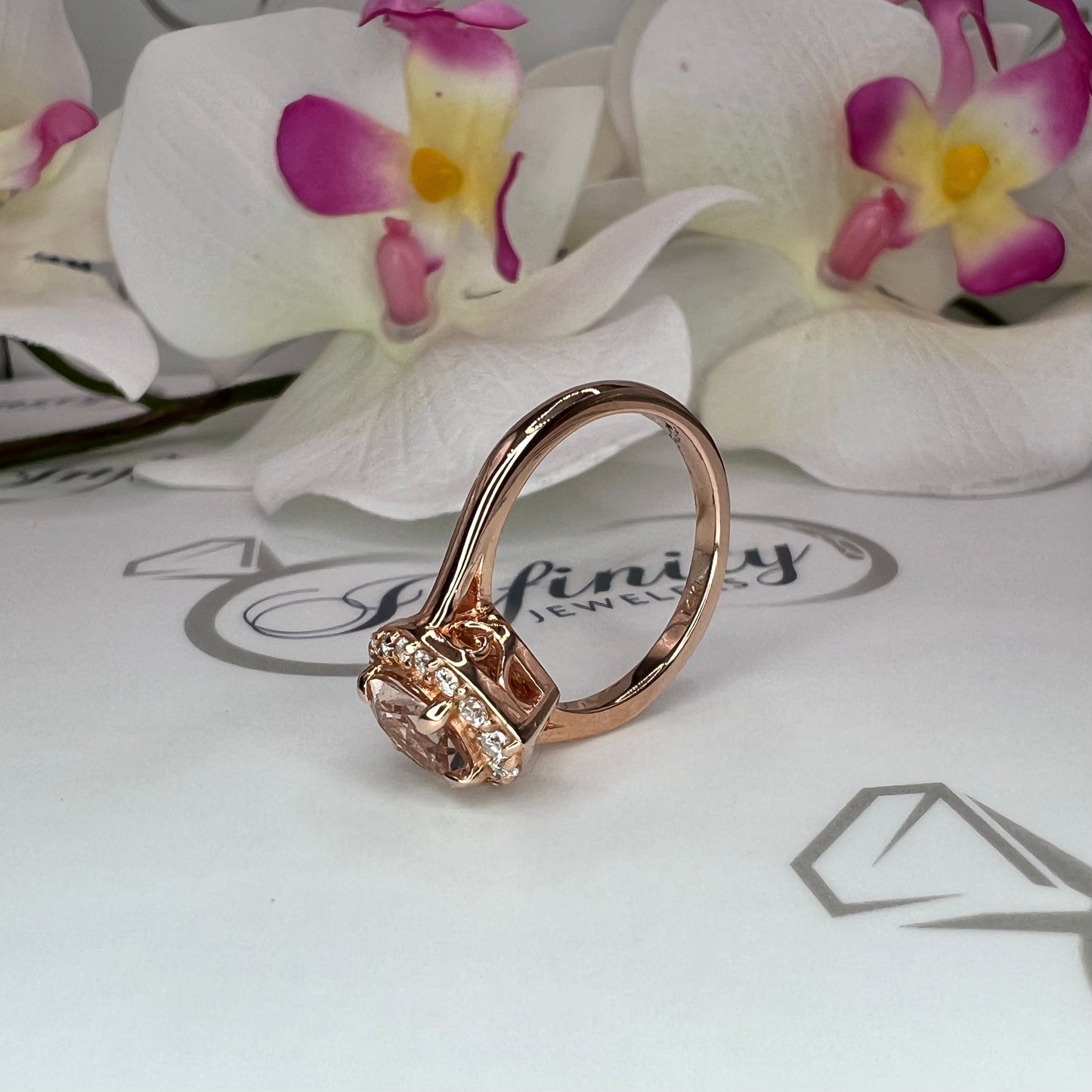 Morganite ring, rose gold ring round shaped genuine morganite engagement ring, Peach morganite ladies wedding anniversary promise ring #6414