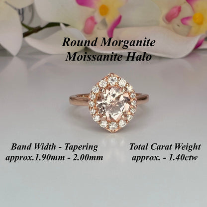 Morganite ring, rose gold ring round shaped genuine morganite engagement ring, Peach morganite ladies wedding anniversary promise ring #6414