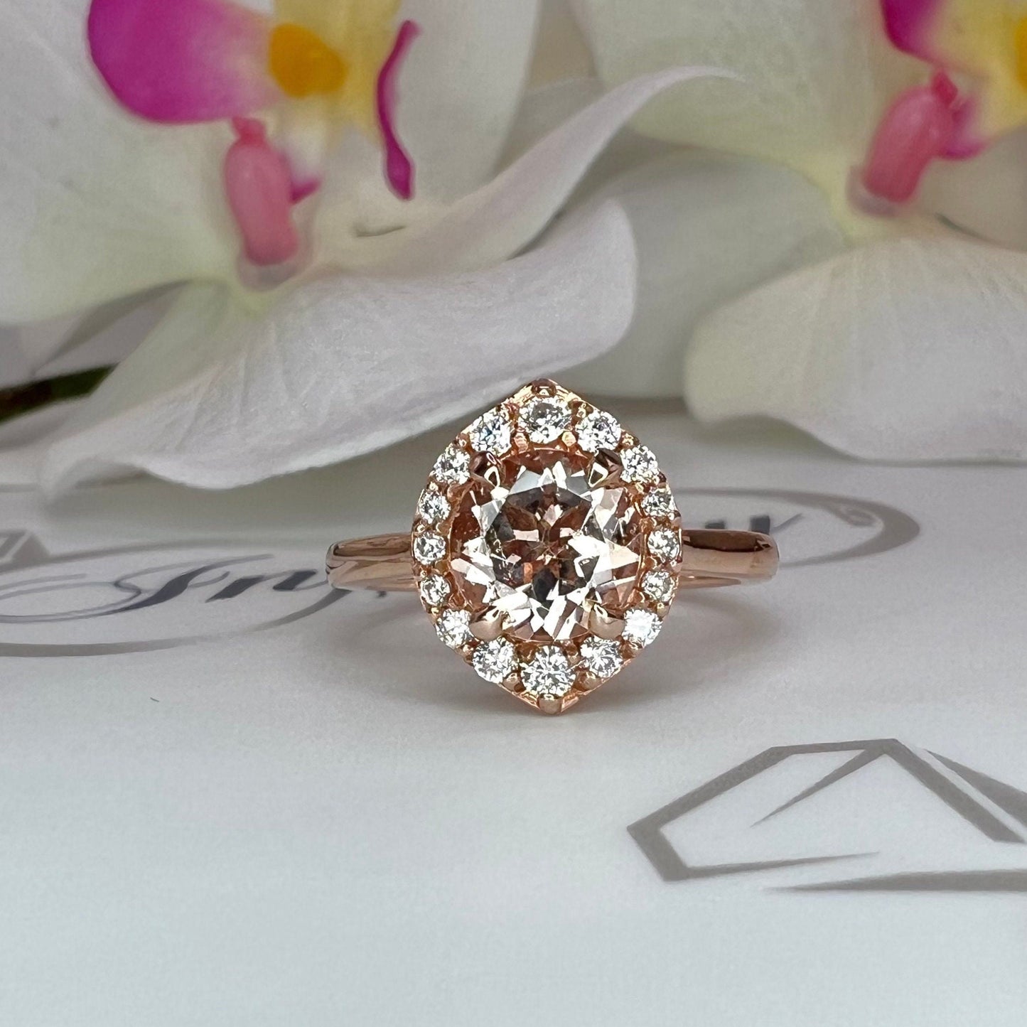 Morganite ring, rose gold ring round shaped genuine morganite engagement ring, Peach morganite ladies wedding anniversary promise ring #6414
