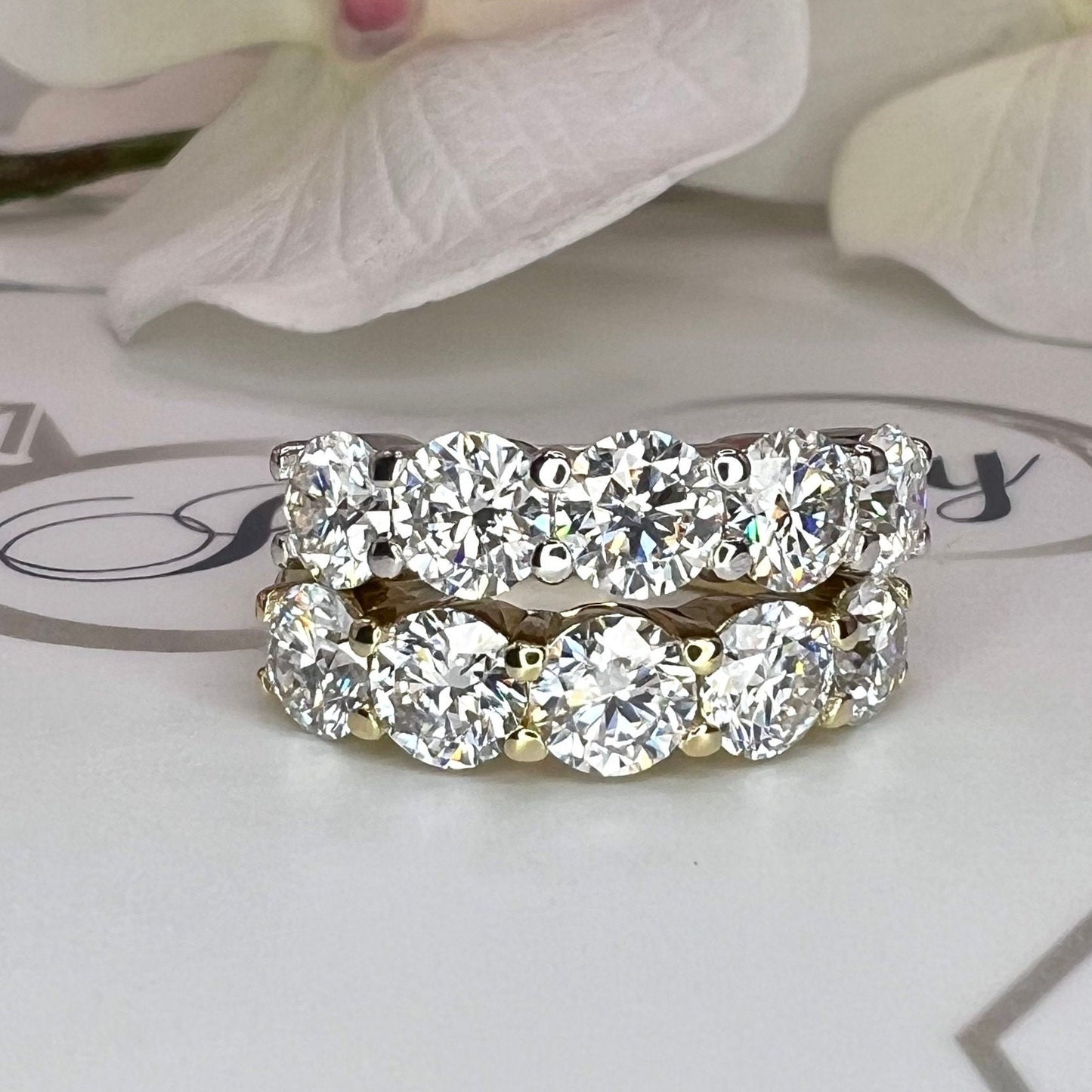 Round 5 Stone Moissanite band 14k white gold, Stacking moissanite wedding band Half eternity moissanite band ring gold matching bands  #7906