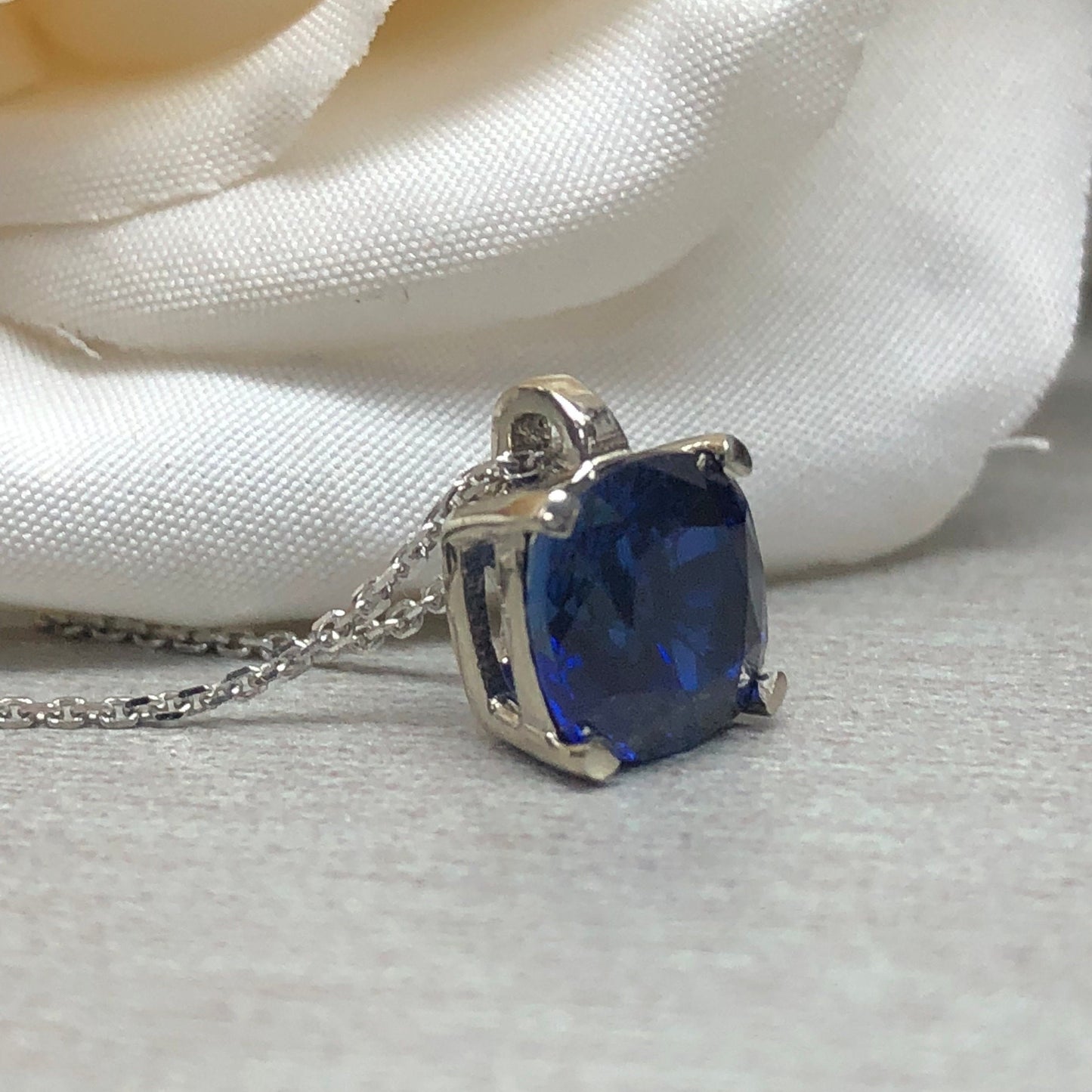 Cushion Cut Blue Sapphire Pendant Necklace For Women  14k Solid White Gold, Simple Sapphire Cushion Cut Pendant Necklace With Chain   #5692