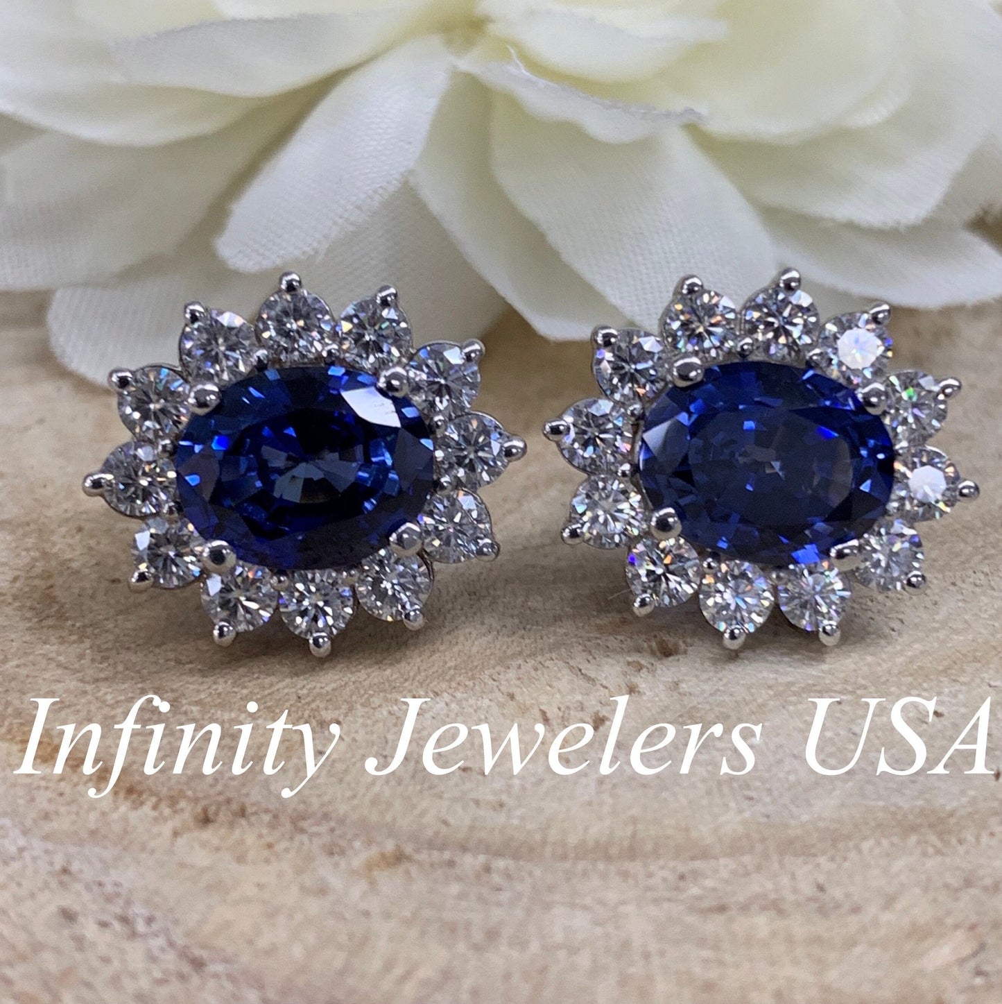 Halo Stud Earrings, Blue Sapphire Stud Earrings, Forever One Halo Studs, Everyday Earrings, 14k Gold Earrings, Gift Ideas For Her #6544