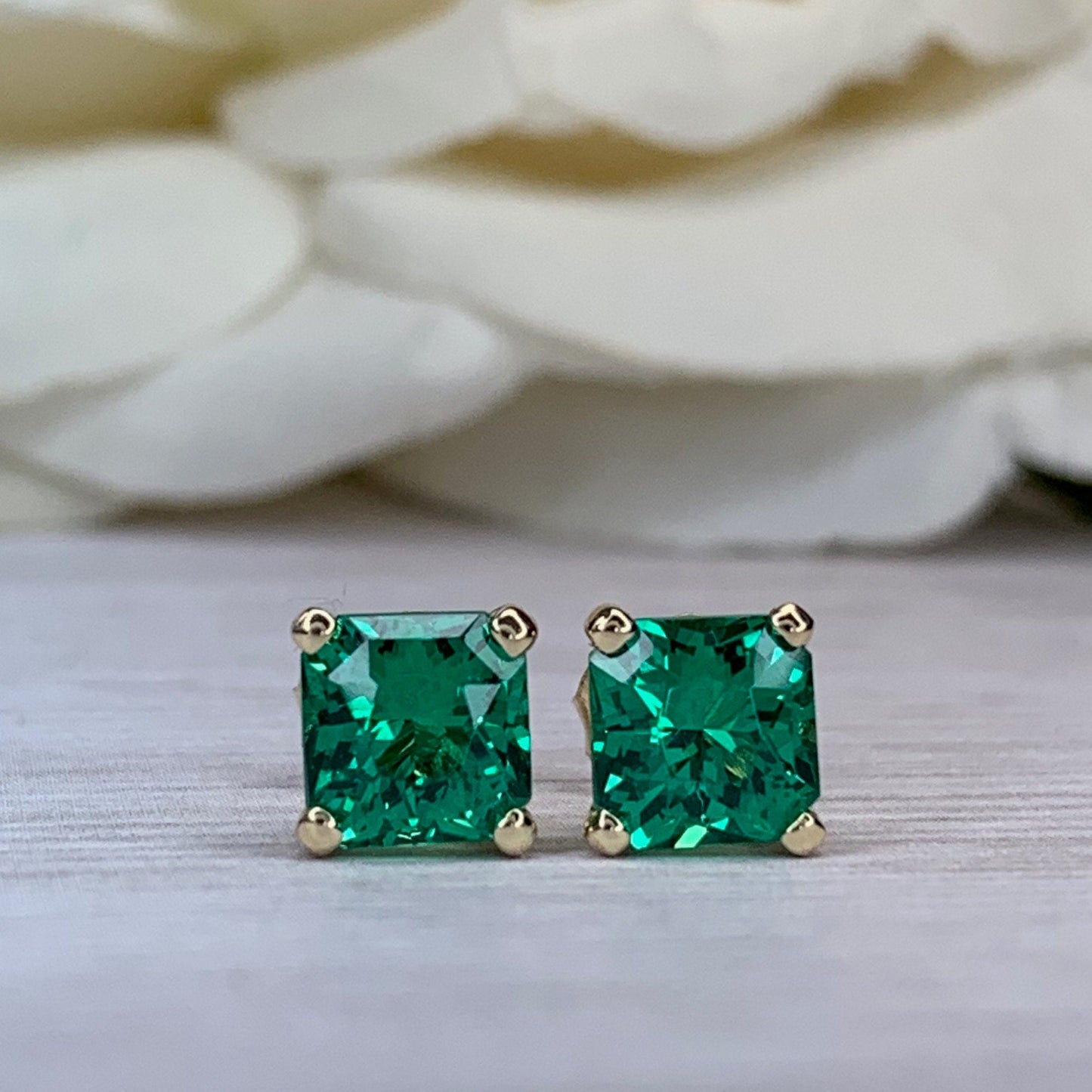 Radiant Cut Studs, Green Emerald Ladies Earring, Engagement Wedding Anniversary Gift, Dainty Jewelry, 14k Yellow Gold Ladies Studs, #6183