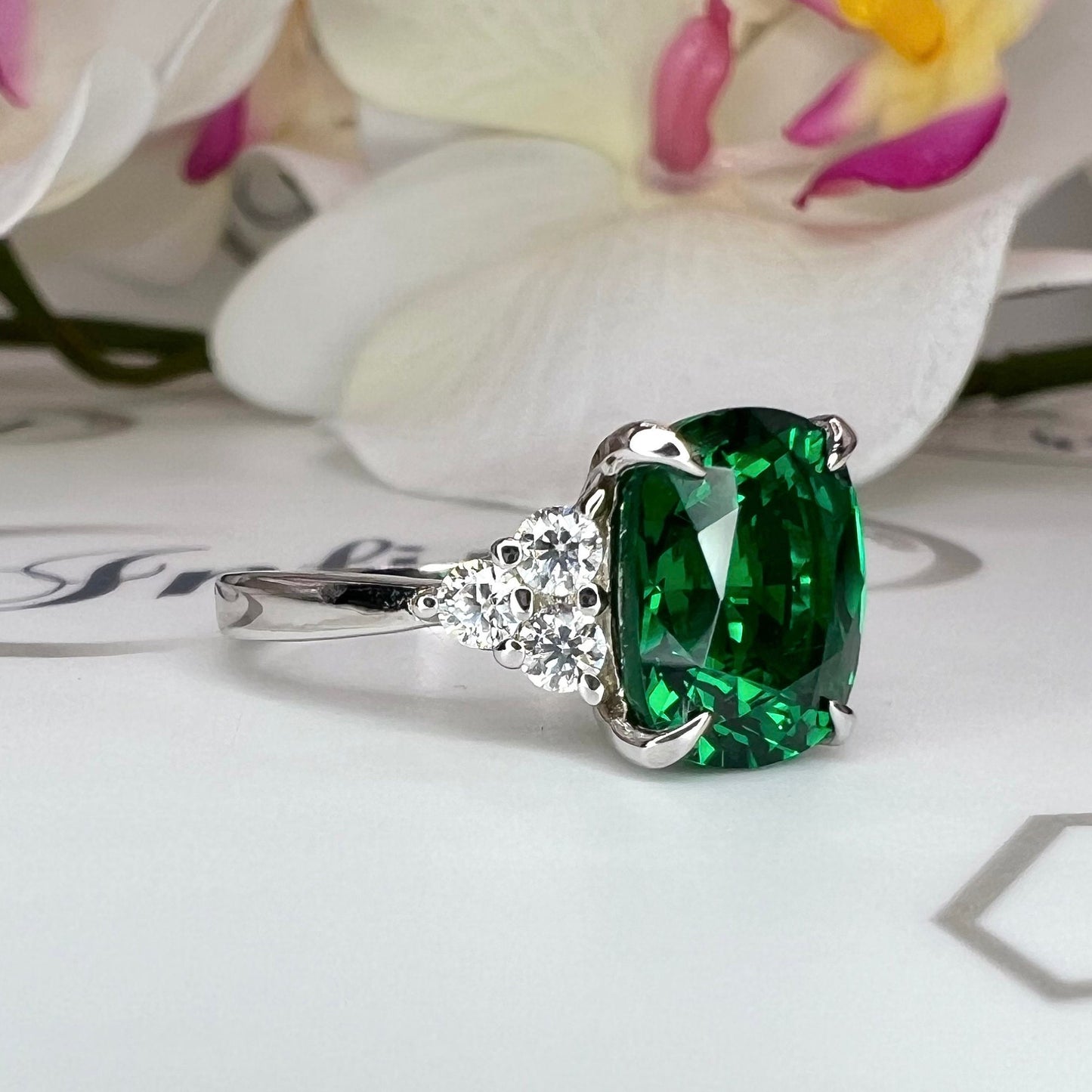 Emerald Engagement Ring, May Birthstone Ring, Elongated Cushion Cut Emerald Ring, Emerald Wedding Ring, Emerald Anniversary Ring,  #6650