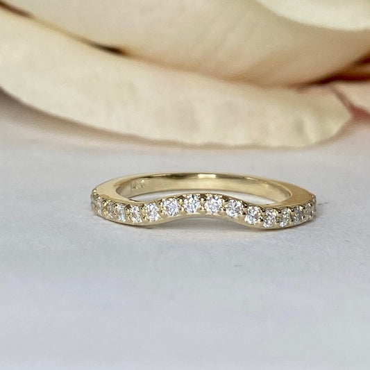 Ladies Round Pave Diamond Wedding Band, Curved Matching Band Diamond Wedding Ring, 14k Gold Moissanite Curved Anniversary Ring    #5722