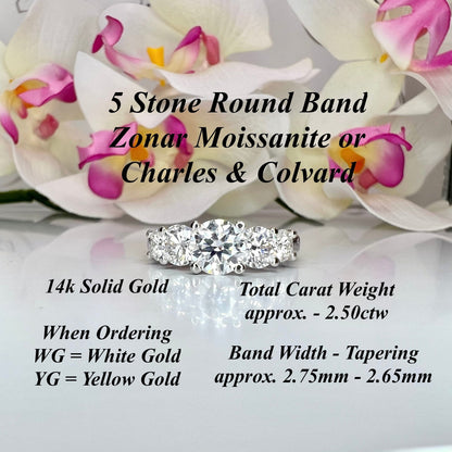 Certified Moissanite 5 Stone Anniversary  Band, Moissanite Wedding Ring, Engagement Ring, 14K White Gold