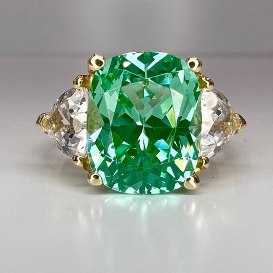 Moissanite And Paraiba Engagement Ring, Elongated Cushion Cut Green Paraiba And Trillion Moissanite Wedding Ring, 3 Stone Moissanite   #6846
