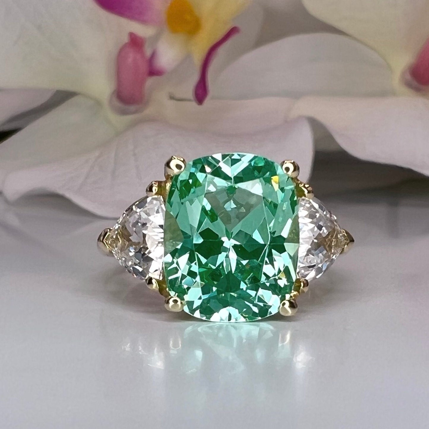 Moissanite And Paraiba Engagement Ring, Elongated Cushion Cut Green Paraiba And Trillion Moissanite Wedding Ring, 3 Stone Moissanite   #6846