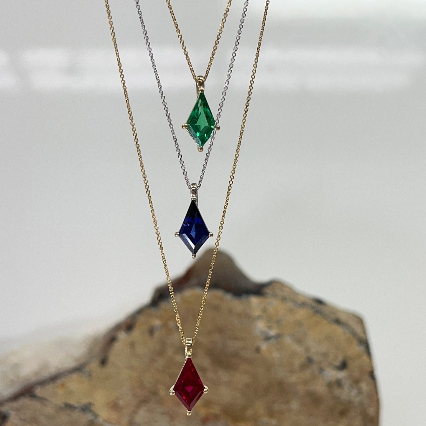 Sapphire Pendant Necklace Solid 14K Gold, Ladies Olive Green Necklace Unique Kite Shaped Olive green Necklace Pendant Dainty Necklace  #7896