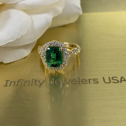 Cushion Cut Emerald And Diamond Halo Engagament Ring In 14K solid Yellow Gold Unique Vintage emerald promise anniversary wedding ring  #5229