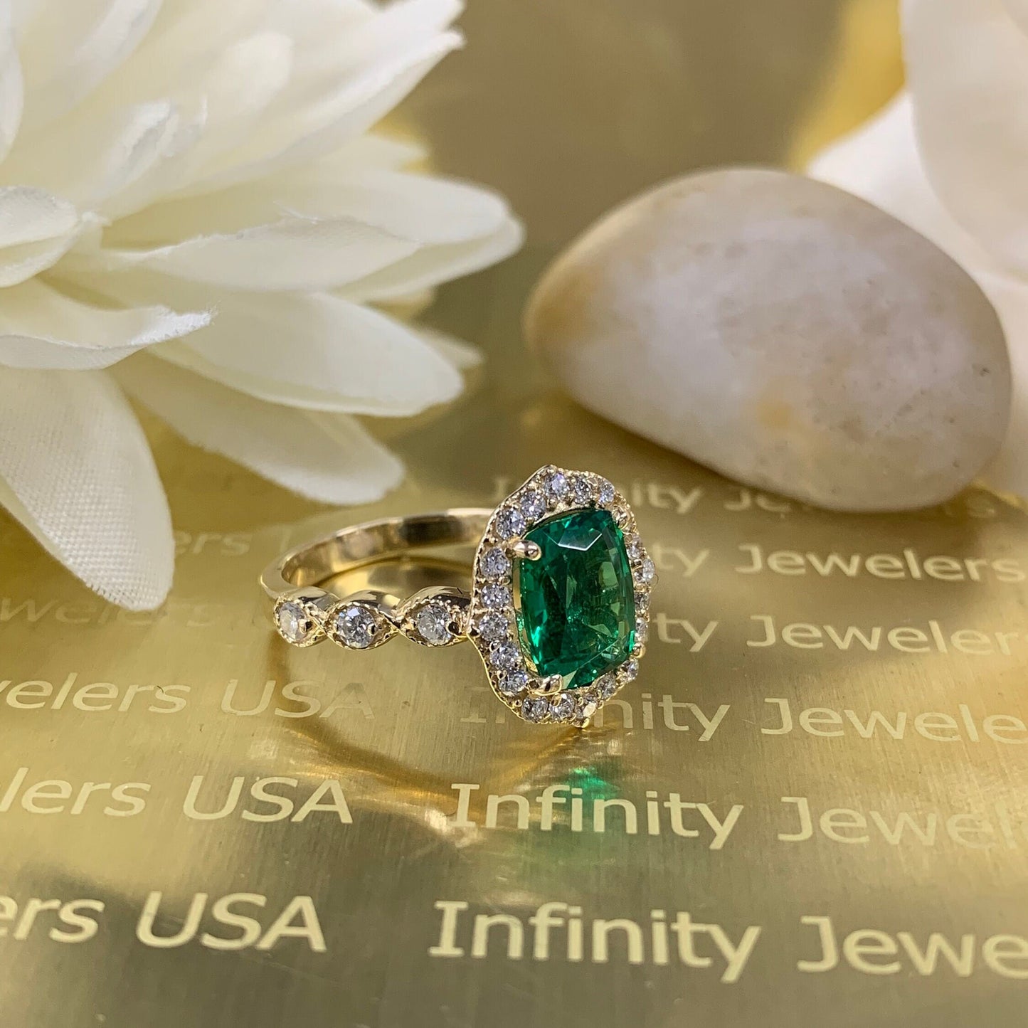 Cushion Cut Emerald And Diamond Halo Engagament Ring In 14K solid Yellow Gold Unique Vintage emerald promise anniversary wedding ring  #5229