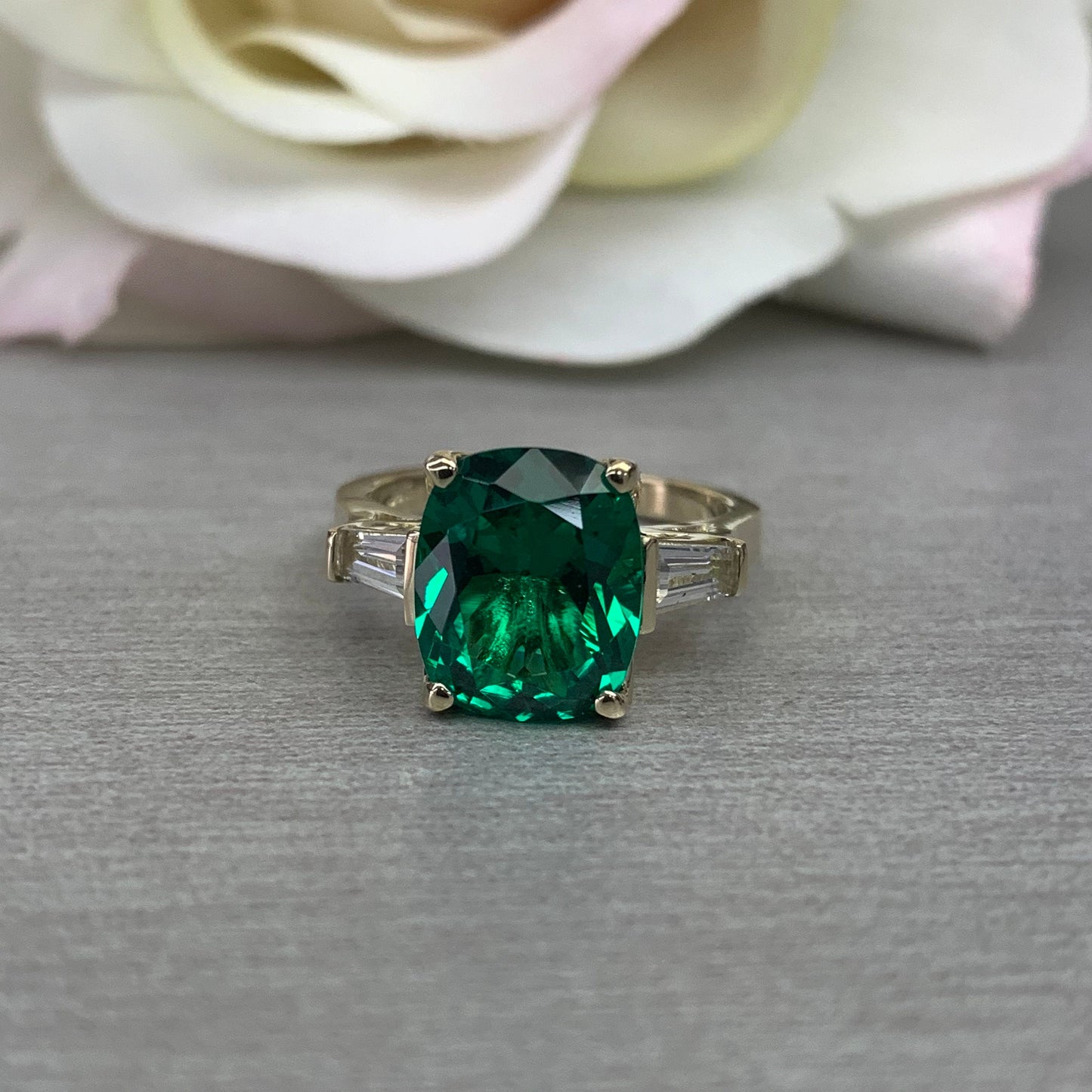 Emerald green cushion cut engagement ring, yellow gold unique elongate green emerald ring, three stone ring emerald and baguette ring  #6727