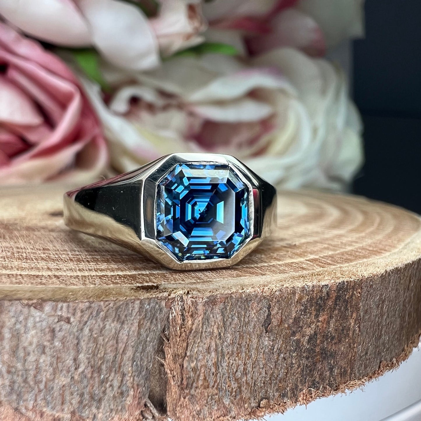 Mens moissanite diamond wedding ring 14k white gold, unique moissanite mens ring, asscher cut mens anniversary gift, mans band ring,   #7505