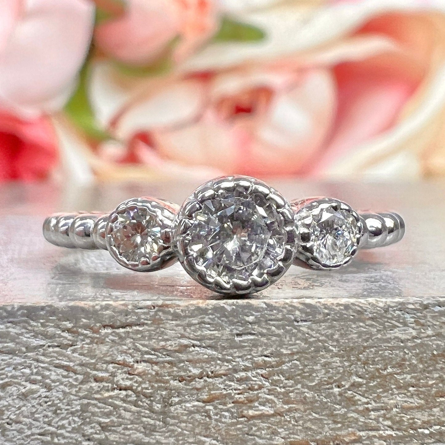 Three Stone Diamond Engagement ring  14K Solid Gold Three Stone Round Brilliant Cut Dainty Engagement Ring, Stacking Minimalist Diamond Ring